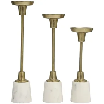 Deco 79 Aluminum Slim Candle Holder with White Marble Base, Set of 3 15, 13, 11" H, Gold