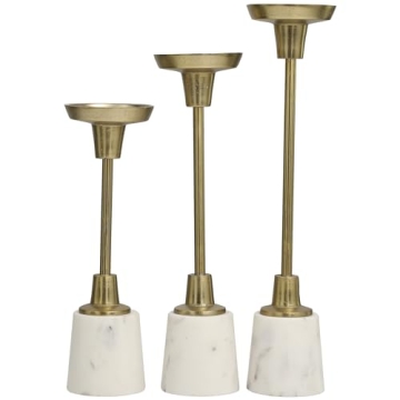 Deco 79 Aluminum Slim Candle Holder with White Marble Base, Set of 3 15, 13, 11" H, Gold