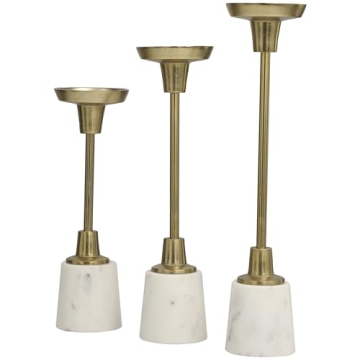 Deco 79 Aluminum Slim Candle Holder with White Marble Base, Set of 3 15, 13, 11" H, Gold