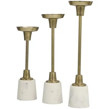 Deco 79 Aluminum Slim Candle Holder with White Marble Base, Set of 3 15, 13, 11" H, Gold