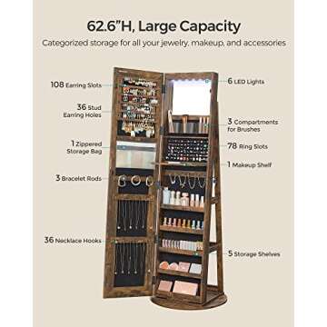 SONGMICS LED Mirror Jewelry Cabinet Standing, Lockable Jewelry Armoire with Full-Length Mirror and Adjustable LED Lights, Space-Saving Jewelry Organizer with Mirror, Gift Idea, Rustic Brown UJJC008X01