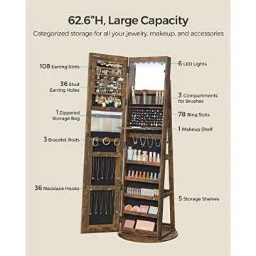 SONGMICS LED Mirror Jewelry Cabinet Standing, Lockable Jewelry Armoire with Full-Length Mirror and Adjustable LED Lights, Space-Saving Jewelry Organizer with Mirror, Gift Idea, Rustic Brown UJJC008X01