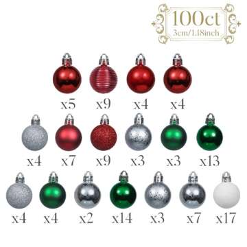 Valery Madelyn 100ct Mini Christmas Ornaments Tree Decorations Set, 1.18 Inches Red Green and White Shatterproof Christmas Ball Ornaments, Hanging Ornament Bulk for Xmas Holiday Party Decor