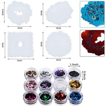 21 Pieces Resin Coaster Molds Set, 8 Pieces Irregular Silicone Coaster Mold Hollow Geode Resin Casting Molds with 12 Colors Shining Sequins and Tweezers for Making Coaster Cups Mats Supplies
