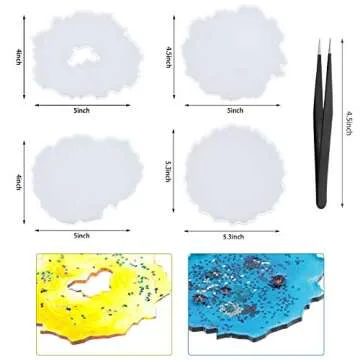 21 Pieces Resin Coaster Molds Set, 8 Pieces Irregular Silicone Coaster Mold Hollow Geode Resin Casting Molds with 12 Colors Shining Sequins and Tweezers for Making Coaster Cups Mats Supplies