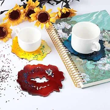 21 Pieces Resin Coaster Molds Set, 8 Pieces Irregular Silicone Coaster Mold Hollow Geode Resin Casting Molds with 12 Colors Shining Sequins and Tweezers for Making Coaster Cups Mats Supplies