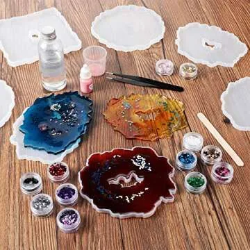 21 Pieces Resin Coaster Molds Set, 8 Pieces Irregular Silicone Coaster Mold Hollow Geode Resin Casting Molds with 12 Colors Shining Sequins and Tweezers for Making Coaster Cups Mats Supplies