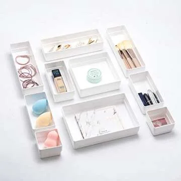 Birsppy BYCY White Desk Drawer Organizer Trays Drawer Dividers Storage for Bathroom Makeup Jewelries (10 Piece Set)
