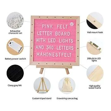 Pink Felt Letter Board with Stand, Built-in LED Lights With Tripod Stand and Wall Mount Hanger for Party Home Decor(10x10),Menu Board, 340 Letters for Custom Sign Messages, Party Planning (Pink)