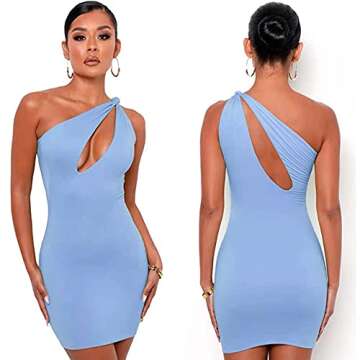 KERPELLY Women's Sexy One Shoulder Hollow Out Knot Sleeveless Bodycon Mini Club Party Dress,Blue,S