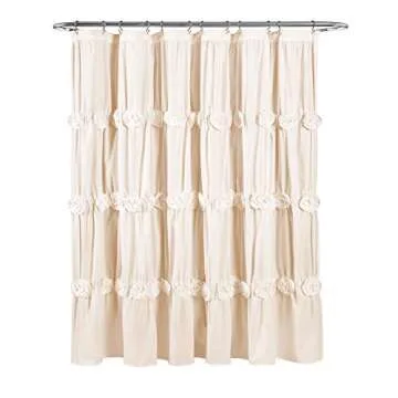Lush Decor Darla Ruched Floral Bathroom Shower Curtain, 72” x 72”, Ivory