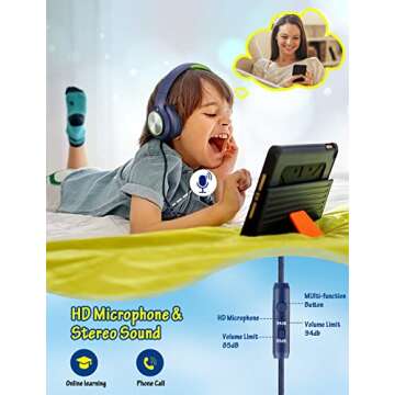 Kids Headphones with Cord , Wired Over Ear Headsets with Microphone Limited Volume 85dB/ 94dB, Porta...