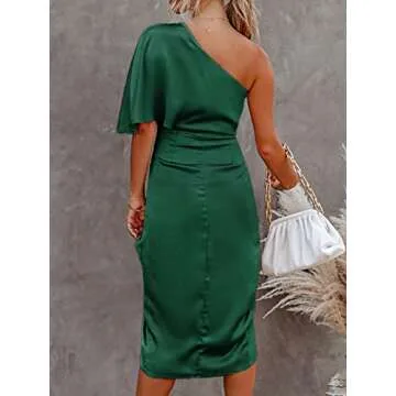 CUPSHE Women Satin Dress - Elegant Backless One Shoulder Midi Cocktail Dress in Emerald Green