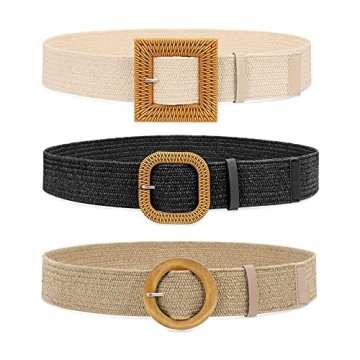 WHIPPY Set of 3 Straw Woven Elastic Stretch Waist Belts for Women, Fashion Boho Ladies Braided Skinn...