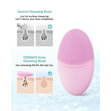 EZBASICS Facial Cleansing Brush Made with Ultra Hygienic Soft Silicone, Waterproof Sonic Vibrating Face Brush for Deep Cleansing, Gentle Massaging, Inductive Charging (Pink)1 Pack+5 Speed Settings