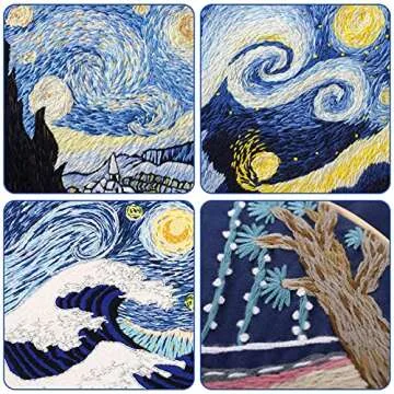 HaiMay 4 Sets Embroidery Starter Kit with Pattern and Instructions, Cross Stitch Kit Include 4 Embroidery Clothes with Sky Pattern, 4 Bamboo Embroidery Hoops, Color Threads and Tools