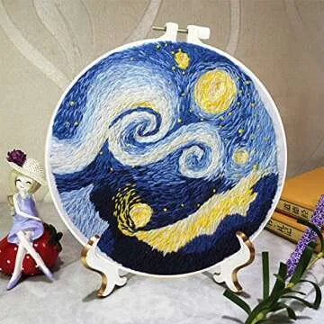 HaiMay 4 Sets Embroidery Starter Kit with Pattern and Instructions, Cross Stitch Kit Include 4 Embroidery Clothes with Sky Pattern, 4 Bamboo Embroidery Hoops, Color Threads and Tools