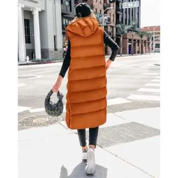 BTFBM Long Puffer Vest Women Quilted Hooded Button Down Zip Up Sleeveless Vests Outerwear Padded Jacket Fall Winter Coat(Orange, Small)