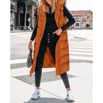 BTFBM Long Puffer Vest Women Quilted Hooded Button Down Zip Up Sleeveless Vests Outerwear Padded Jacket Fall Winter Coat(Orange, Small)