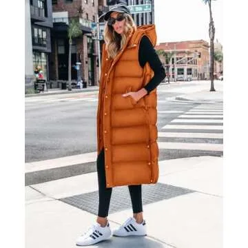 BTFBM Long Puffer Vest Women Quilted Hooded Button Down Zip Up Sleeveless Vests Outerwear Padded Jacket Fall Winter Coat(Orange, Small)