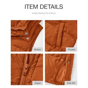 BTFBM Long Puffer Vest Women Quilted Hooded Button Down Zip Up Sleeveless Vests Outerwear Padded Jacket Fall Winter Coat(Orange, Small)