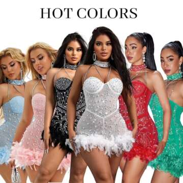 NIKBK Title Women's Glitter Birthday Party Dress,Halter/Off Shoulder Mesh Sleeveless Bodycon Mini Cocktail Dress,Sequin Romper, Beaded and Feathered Night Clubwear