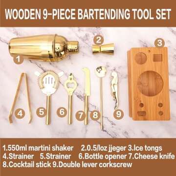 JNWINOG 9Pcs-Cocktail Shaker Set Bartending Kit Cocktail Bar Set Cocktail Mix Drink Making Kit Professional Bar and Home Drink Bar Tools for Bartender (Gold, 9Pcs)