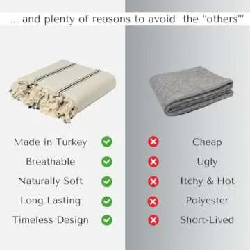 The Loomia 100% Cotton Striped Turkish Throw Blanket for Home Decor, Beach and Picnic (Cream Ivory, XL, 50"X86")