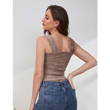 PICPUNMAK Women Square Neck Crop Tank Top Wide Strap Floral Fringe Lettuce Edge Hem Crop Vest Sleeve...