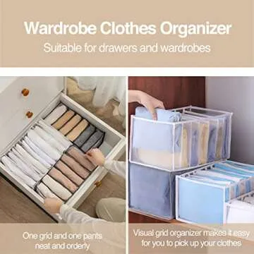 SANTUKEY Wardrobe Clothes Organizer, 7 Grids Washable Portable Closet Organizer Mesh Separation Storage Box Foldable Closet Drawer Organizer for Underwear, Socks, Jeans (Grey, 3 Leggings Grid)