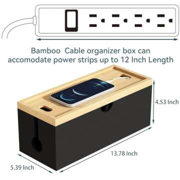 Bamboo Cable Management Box, Large Cord Organizer Box Cable Box to Hide Wires & Power Strips for Desktop Storage Cord Holder for Office Home,No Assembley Required