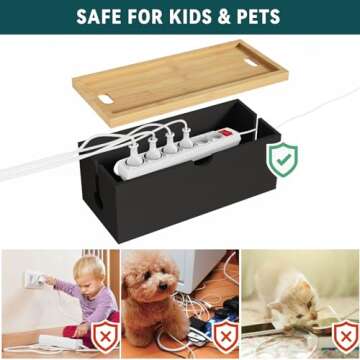 Bamboo Cable Management Box, Large Cord Organizer Box Cable Box to Hide Wires & Power Strips for Desktop Storage Cord Holder for Office Home,No Assembley Required