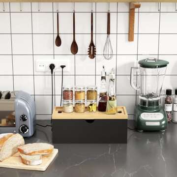 Bamboo Cable Management Box, Large Cord Organizer Box Cable Box to Hide Wires & Power Strips for Desktop Storage Cord Holder for Office Home,No Assembley Required