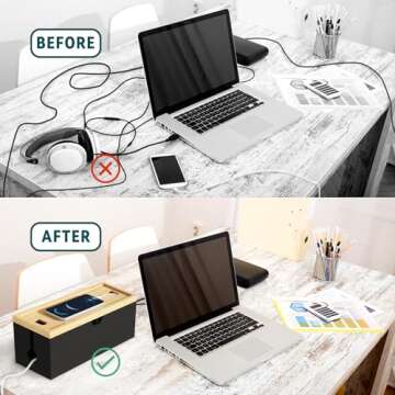 Bamboo Cable Management Box, Large Cord Organizer Box Cable Box to Hide Wires & Power Strips for Desktop Storage Cord Holder for Office Home,No Assembley Required