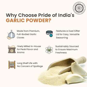 Pride of India – Garlic Fine Ground – Gourmet & Culinary Grade – Classic Seasoning to Pasta/Sauces/Dips/Bakes – Easy to Store – 8 oz. Medium Dual Sifter Bottle