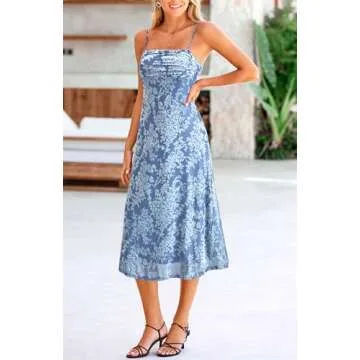 BTFBM Women's Sexy Spaghetti Strap Party Bodycon Midi Dress Elegant Cocktail Dress Summer Floral Dresses(Light Blue,Large)