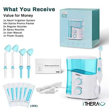 iTHERAU Nasal Irrigator Sinus Rinse Bundle, Strong Power Nose Cleaner for Sinus Relief 4 Nose Cleaning Tips with 40 SaltPods