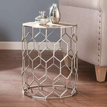 SEI Furniture Clarissa Metal Honeycomb Accent Table, Geometric Style Round Console Table With Faux L...