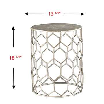 SEI Furniture Clarissa Metal Honeycomb Accent Table, Geometric Style Round Console Table With Faux Leather Top for Living Room, Silver, 13.75 in x 13.75 in x 18.25 in