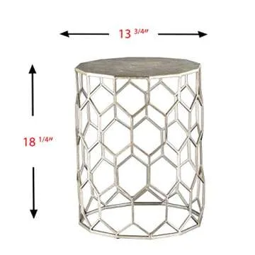 SEI Furniture Clarissa Metal Honeycomb Accent Table, Geometric Style Round Console Table With Faux Leather Top for Living Room, Silver, 13.75 in x 13.75 in x 18.25 in