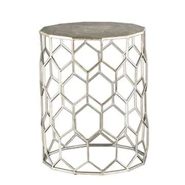 SEI Furniture Clarissa Metal Honeycomb Accent Table, Geometric Style Round Console Table With Faux Leather Top for Living Room, Silver, 13.75 in x 13.75 in x 18.25 in