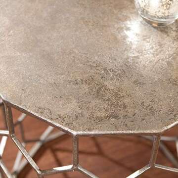 SEI Furniture Clarissa Metal Honeycomb Accent Table, Geometric Style Round Console Table With Faux Leather Top for Living Room, Silver, 13.75 in x 13.75 in x 18.25 in