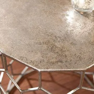 SEI Furniture Clarissa Metal Honeycomb Accent Table, Geometric Style Round Console Table With Faux Leather Top for Living Room, Silver, 13.75 in x 13.75 in x 18.25 in