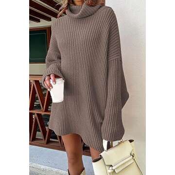 EFAN Womens Oversized Turtleneck Sweater Dress Trendy Pullover Ribbed Knit Dress