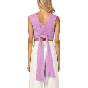 Women’s Crop Sweater Top Sleeveless Tie Strappy Backless Knitted V Neck Casual Jumper Crop Tank Cami Vest Top (OneSize, Purple)