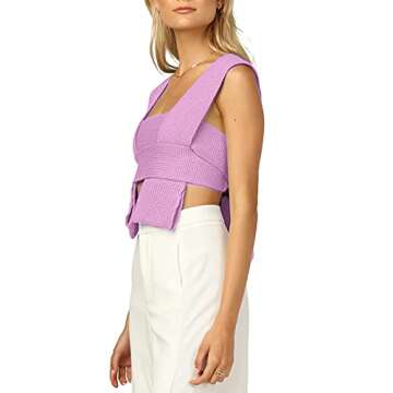 Women’s Crop Sweater Top Sleeveless Tie Strappy Backless Knitted V Neck Casual Jumper Crop Tank Cami Vest Top (OneSize, Purple)