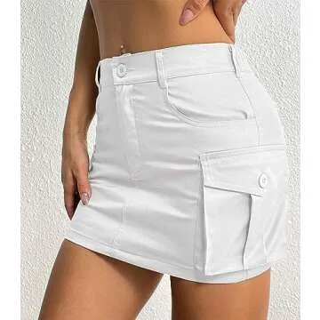 Women Mini Cargo Skirts Y2k Short Denim Skirt with Pockets Low Waist Button Jean Skirts White S