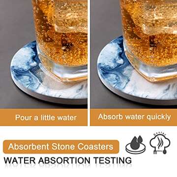 Onntec Blue Coasters for Drinks Marble Style,Absorbent Ceramic Coaster with Metal Holder Stand,House...