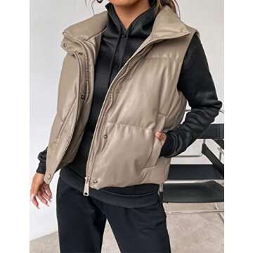Yidarer Women's Faux Leather Puffer Vest Stand Collar Padded Vest Sleeveless Quilted Lightweight Jacket