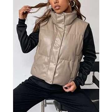Yidarer Women's Faux Leather Puffer Vest Stand Collar Padded Vest Sleeveless Quilted Lightweight Jacket